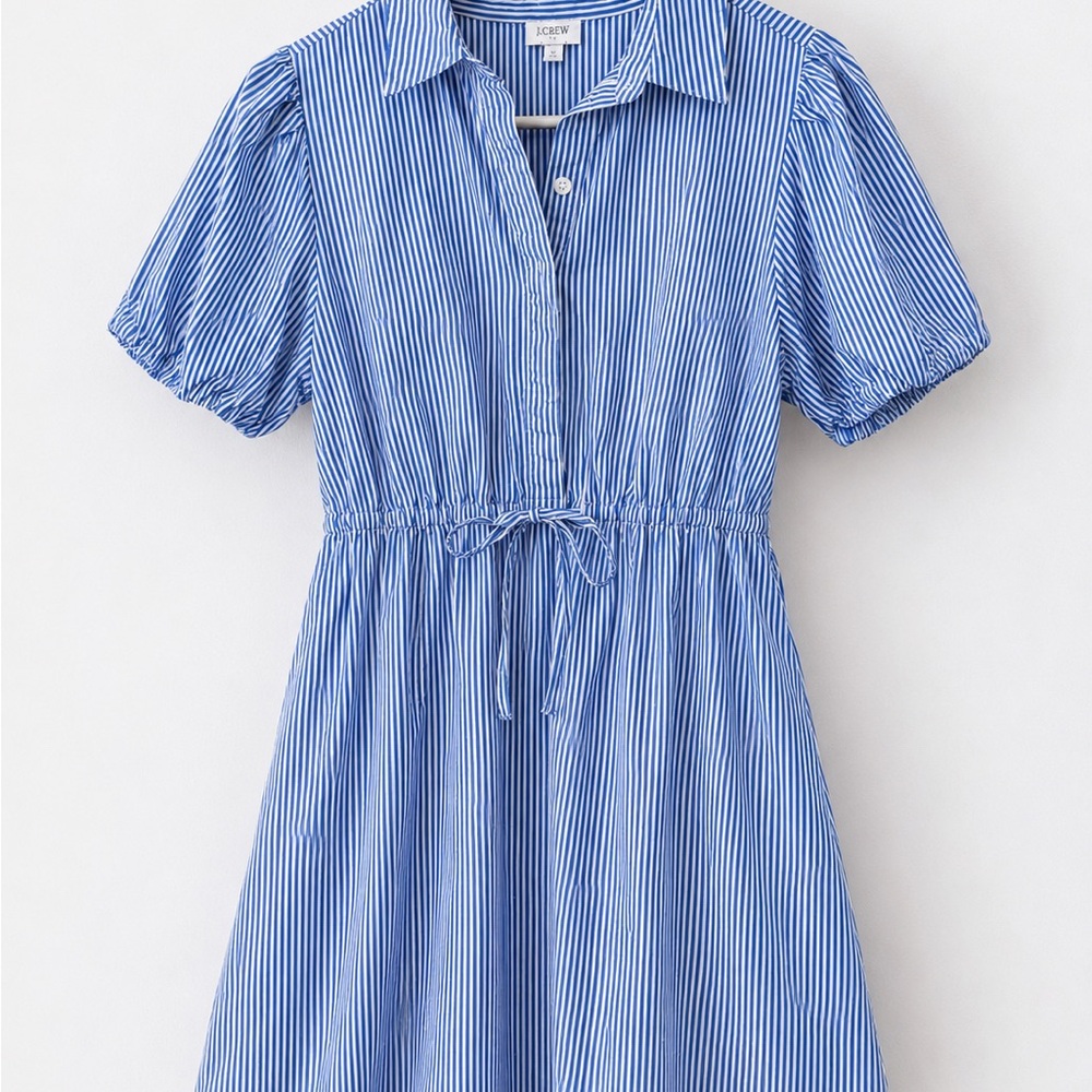 J. Crew Blue & White Vertical-Stripe Shirt Dress with Tie Waist
